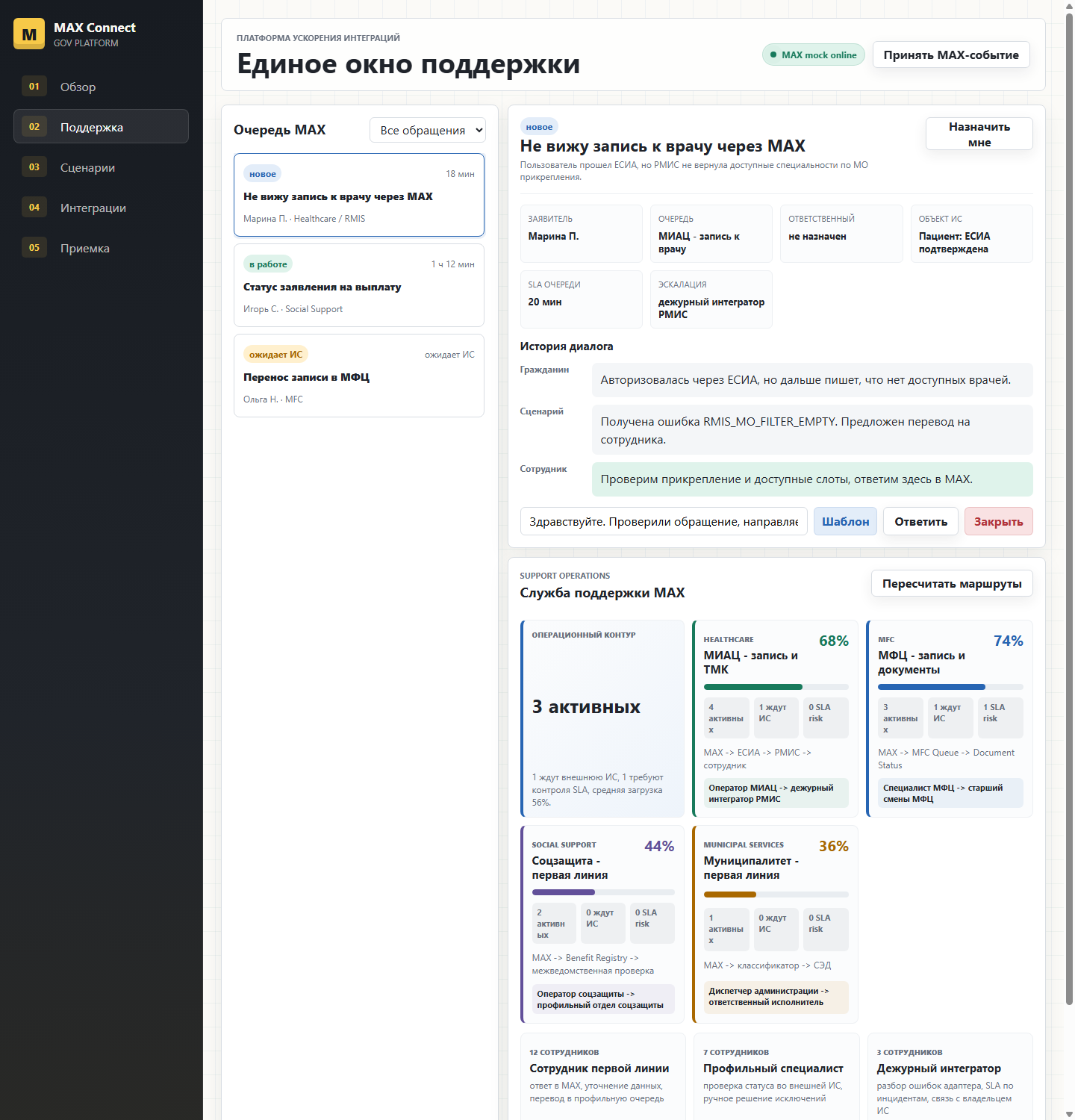 Экран эксплуатационного контура MAX Connect Gov